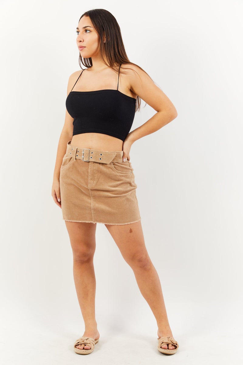 Don't Call Me Jennyfer Women Belted Corduroy Mini Skirt, Tan - Image 2